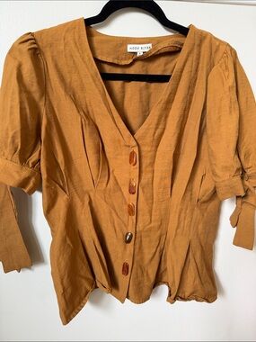 Moon River Mustard Brown Button-Front V-Neck Blouse
